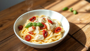 Krämig pasta med kyckling och soltorkade tomater – klar på 20 min