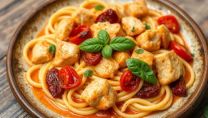 Pasta med kyckling och soltorkade tomater – krämigt recept